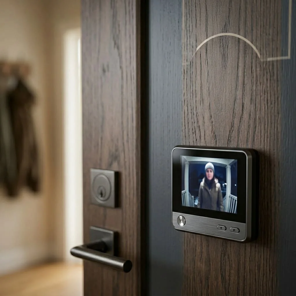 Pantalla interior de una mirilla digital mostrando una persona en la puerta