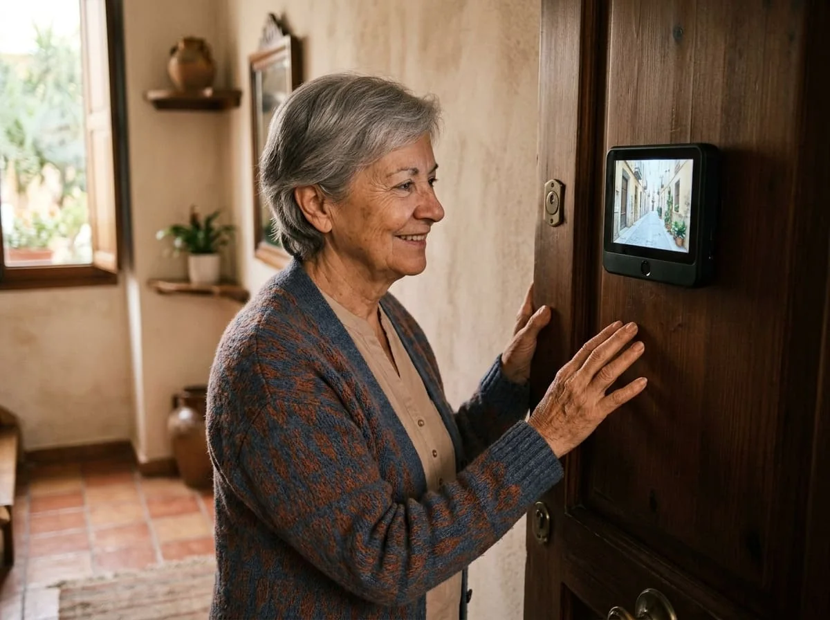 Familia mirando la pantalla interior de una mirilla digital en casa