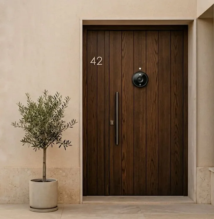 Técnico instalando una mirilla digital en una puerta de vivienda en Alicante