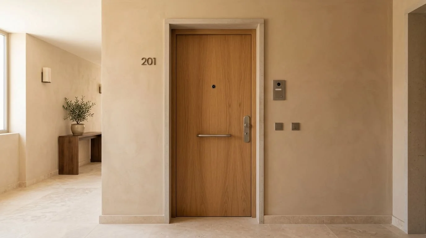 Persona mayor usando con comodidad la pantalla interior de una mirilla digital